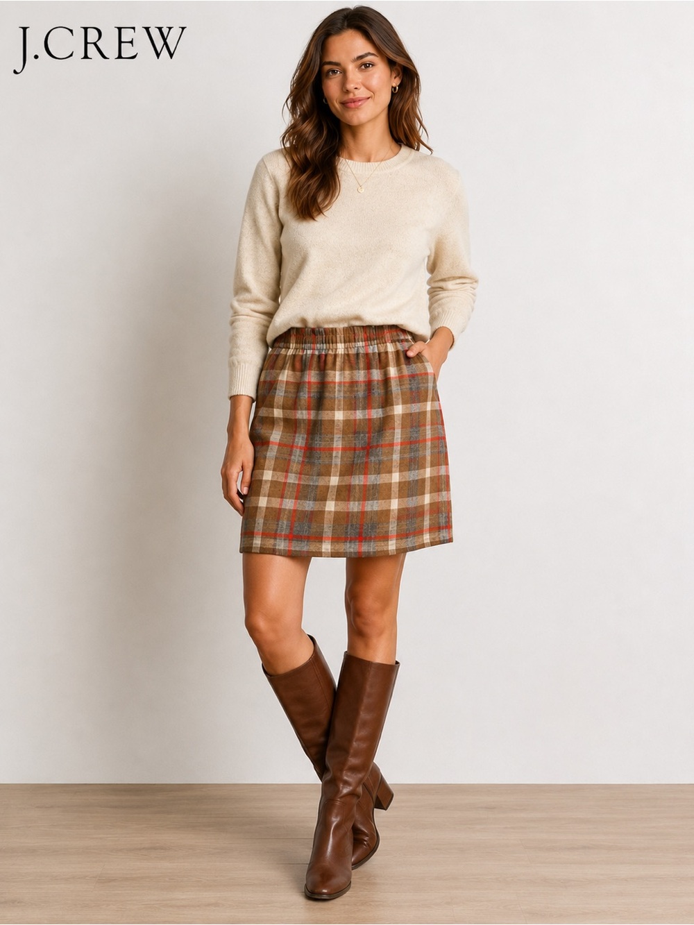 J.Crew NWOT Plaid Wool Blend Mini Skirt Size 8 Brown Red Check Lined Preppy Fall